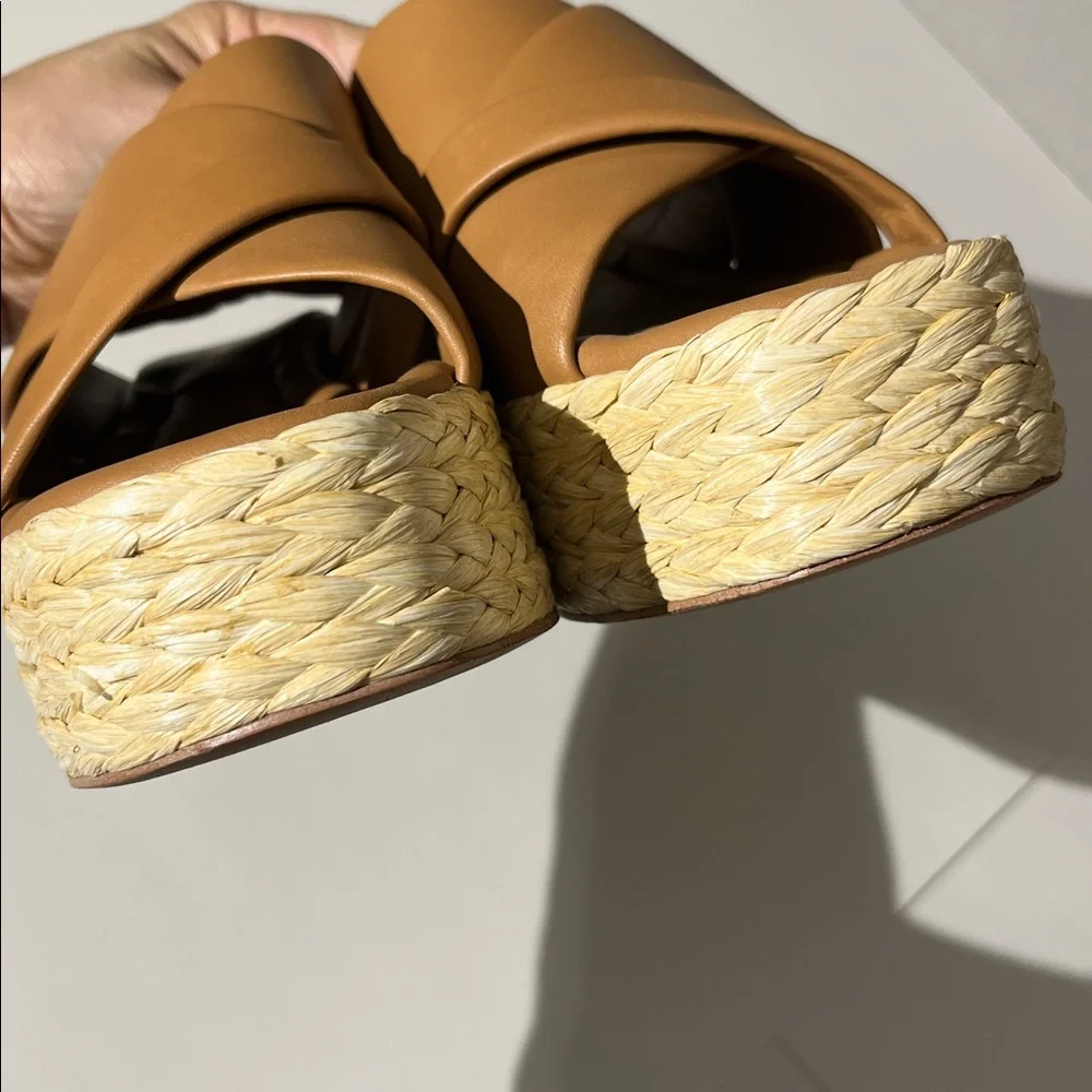 Andre Assous Calesa wedge sandals camel leather espadrilles platforms sz 39 NEW!